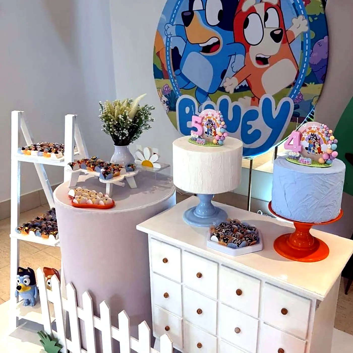 Detalhes da mesa decorada do tema Bluey